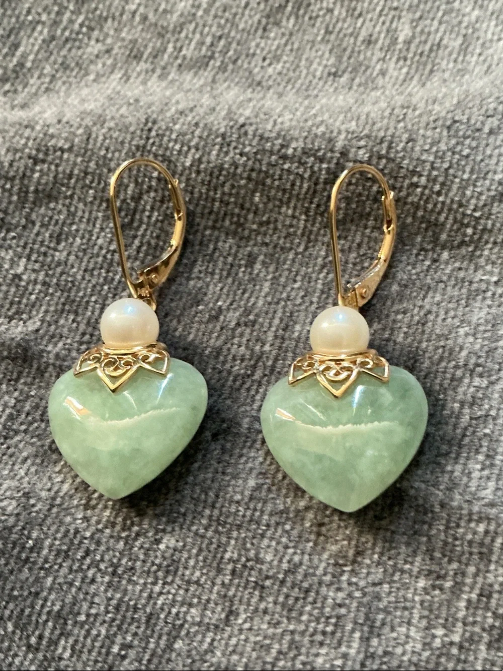 Genuine Jade Heart Pearl and 14K Gold Dangle Earrings